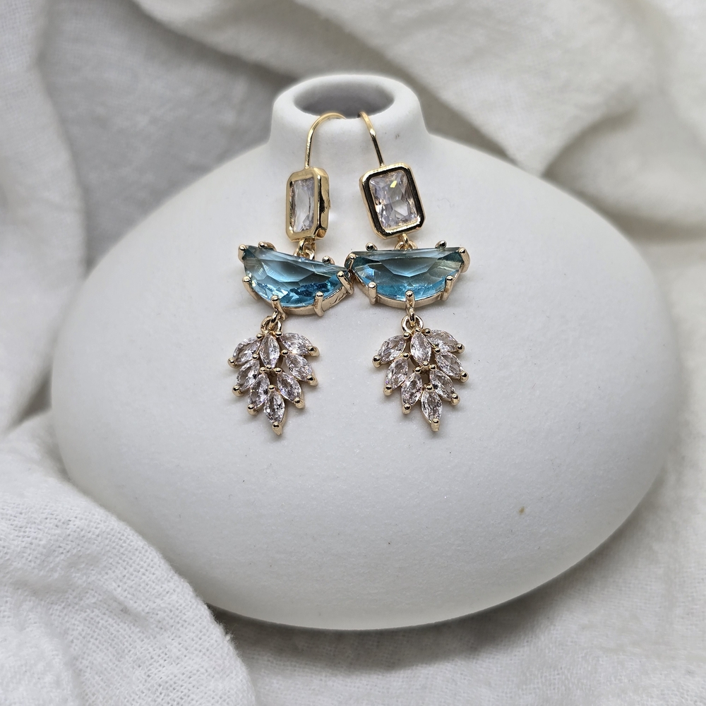 Gold-Tone Blue Crystal Drop Earrings with Clear Accent Stones